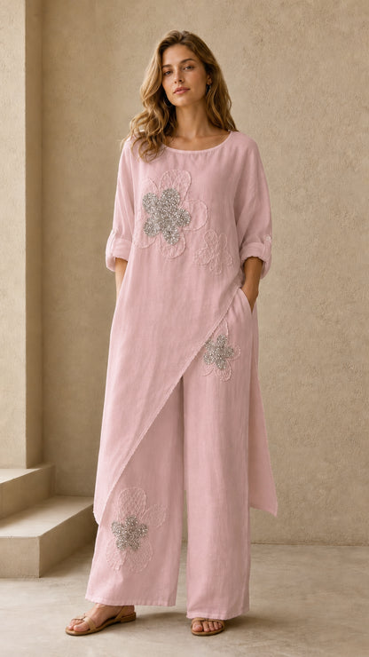 Blush pink two piece tunic and pants set with beaded floral appliqué