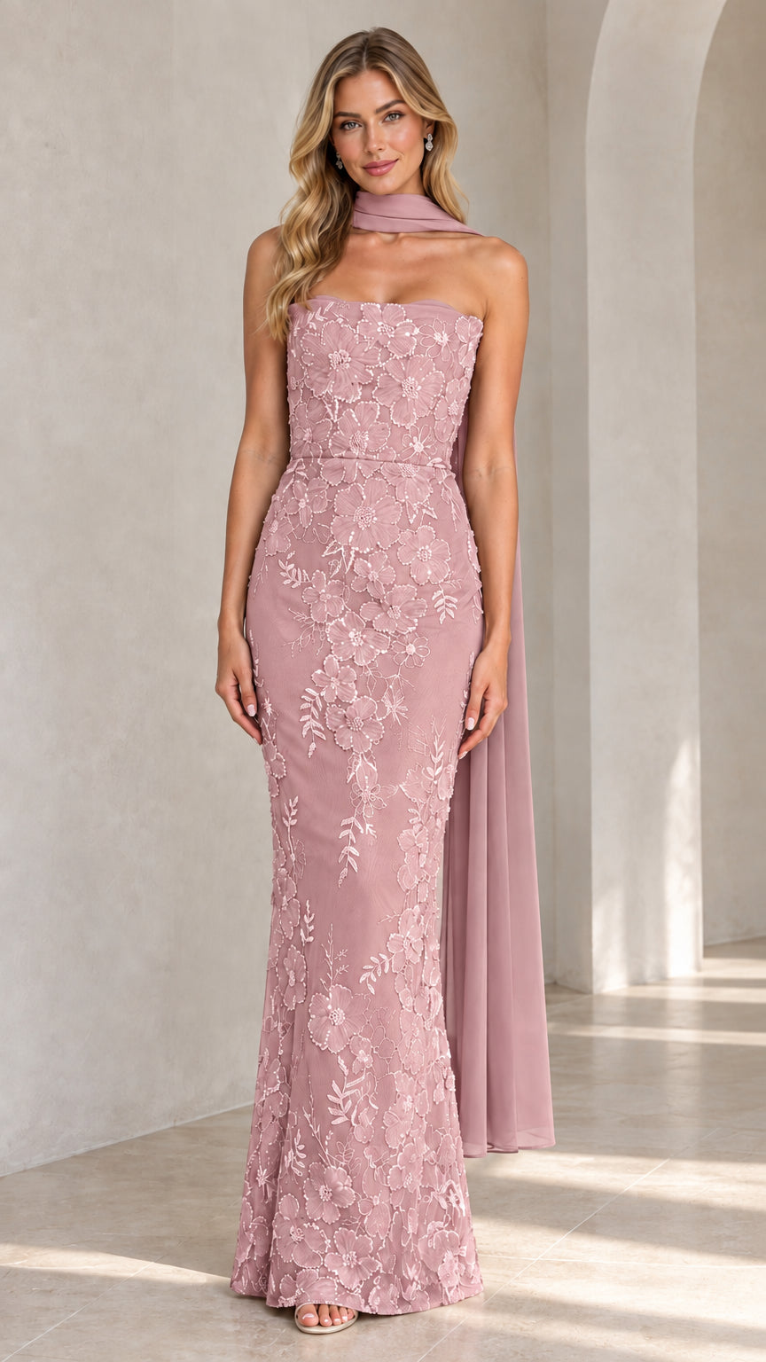 Full-length view of dusty pink floral embroidered strapless evening maxi dress