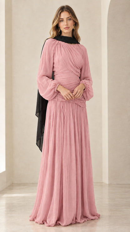 Front view of dusty pink pleated chiffon maxi dress with black scarf accent