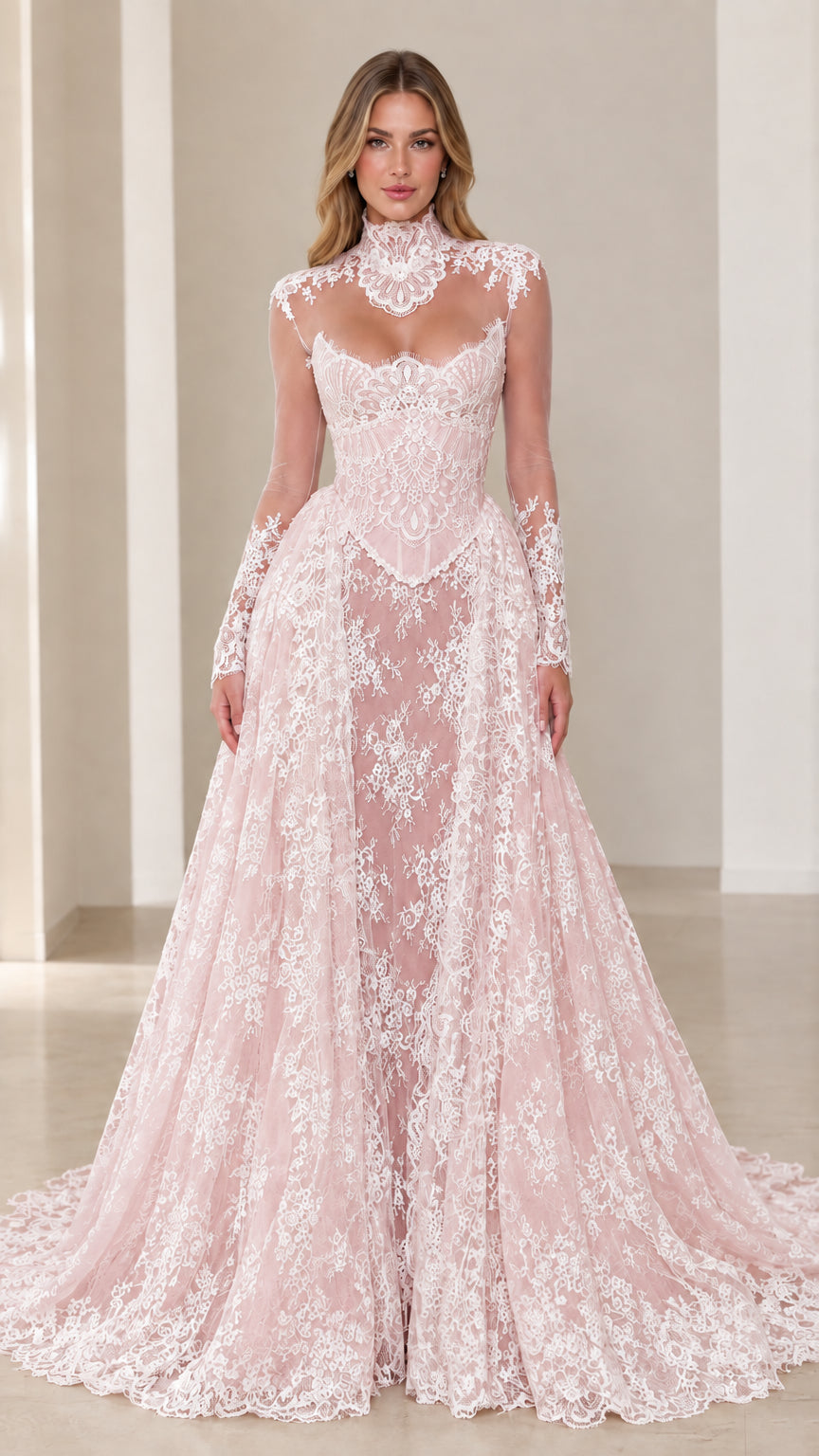 Model wearing the Blush Pink floral lace corset evening dress with long sleeves
