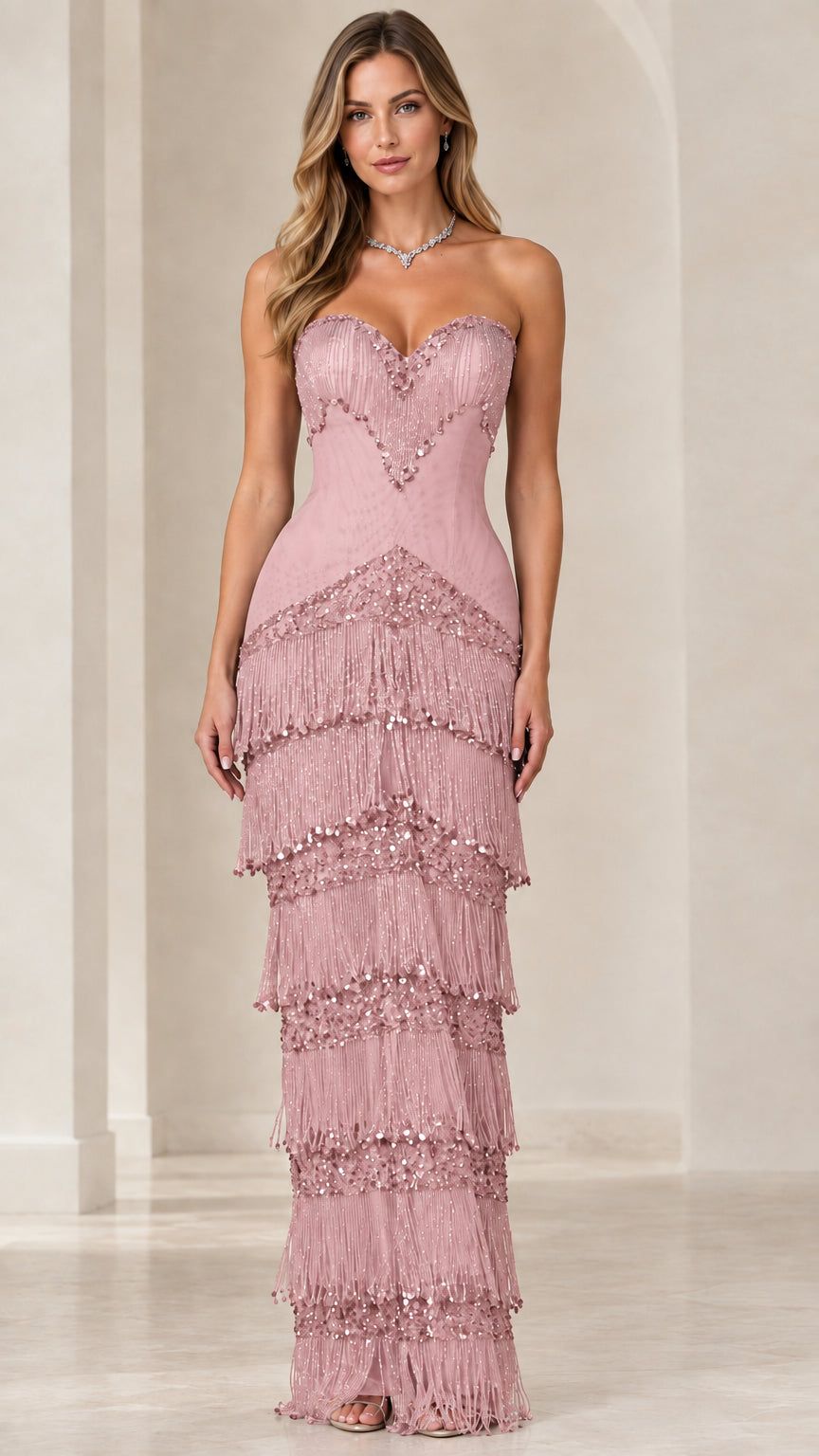 Front view of dusty rose strapless beaded fringe maxi evening dress