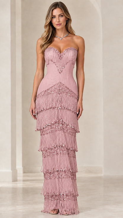 Front view of dusty rose strapless beaded fringe maxi evening dress
