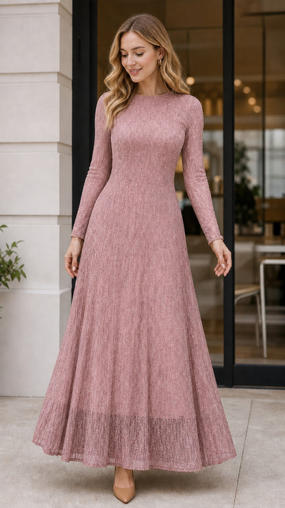 Model wearing Dusty Rose shimmering long sleeve formal gown