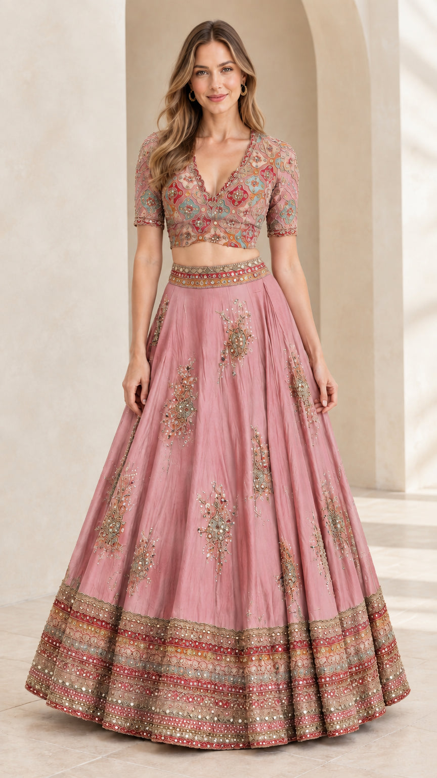 Woman wearing Dusty Pink embroidered V-neck crop top and matching maxi skirt set