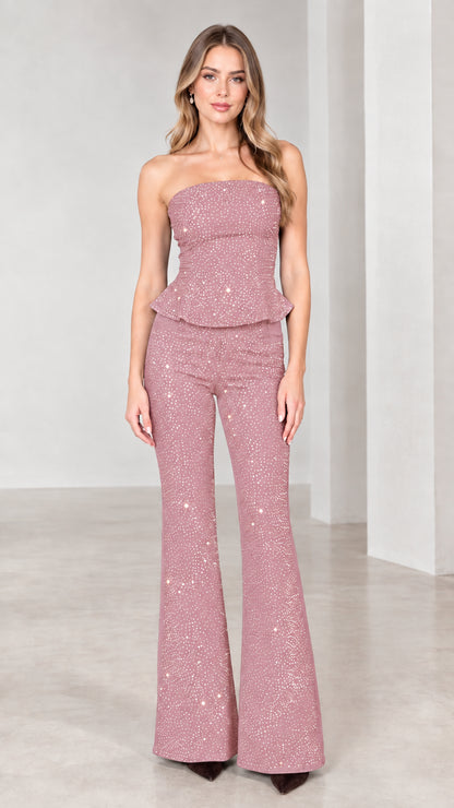 Dusty Rose strapless rhinestone peplum top and matching flare pants two-piece set