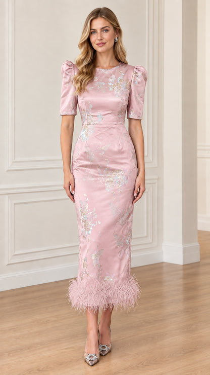 Front view of Pink floral jacquard puff sleeve midi dress with feather hem