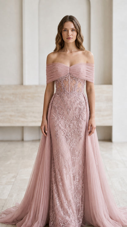 Dusty rose off-the-shoulder sequined floral evening gown with chapel train