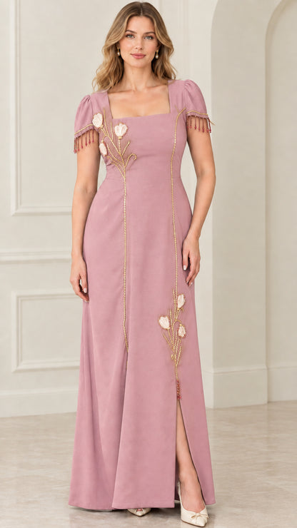Dusty pink square neck formal maxi dress with floral appliqué and beaded trim
