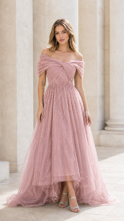 Dusty pink off-the-shoulder beaded high-low tulle formal gown
