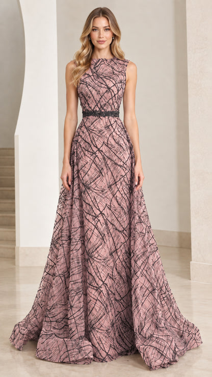 Front view of dusty rose mauve abstract pattern sleeveless evening gown