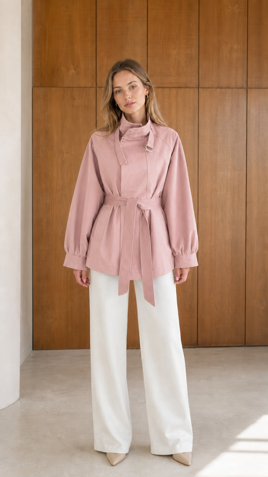 Model wearing dusty pink high neck belted short trench jacket