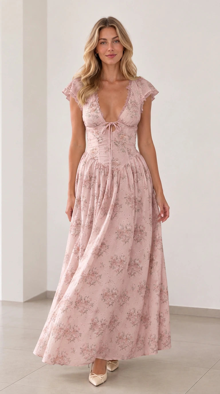 Front view of woman wearing blush pink floral plunging tie-front maxi dress