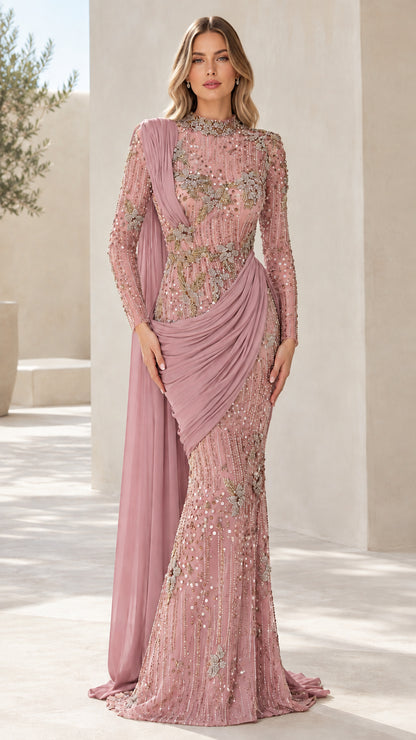 Full front view of dusty pink beaded floor-length gown with shoulder sash