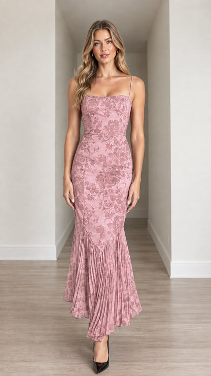 Front view of model wearing Dusty Pink Floral Jacquard Pleated Mermaid Hem Midi Dress