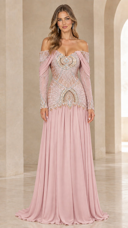 Front view of dusty pink beaded formal evening gown