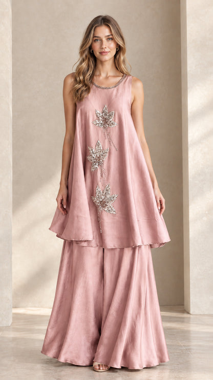 Front view of dusty pink sleeveless beaded tunic and palazzo pant set