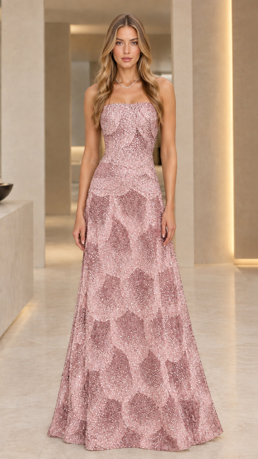 Dusty pink strapless glitter scallop maxi evening gown