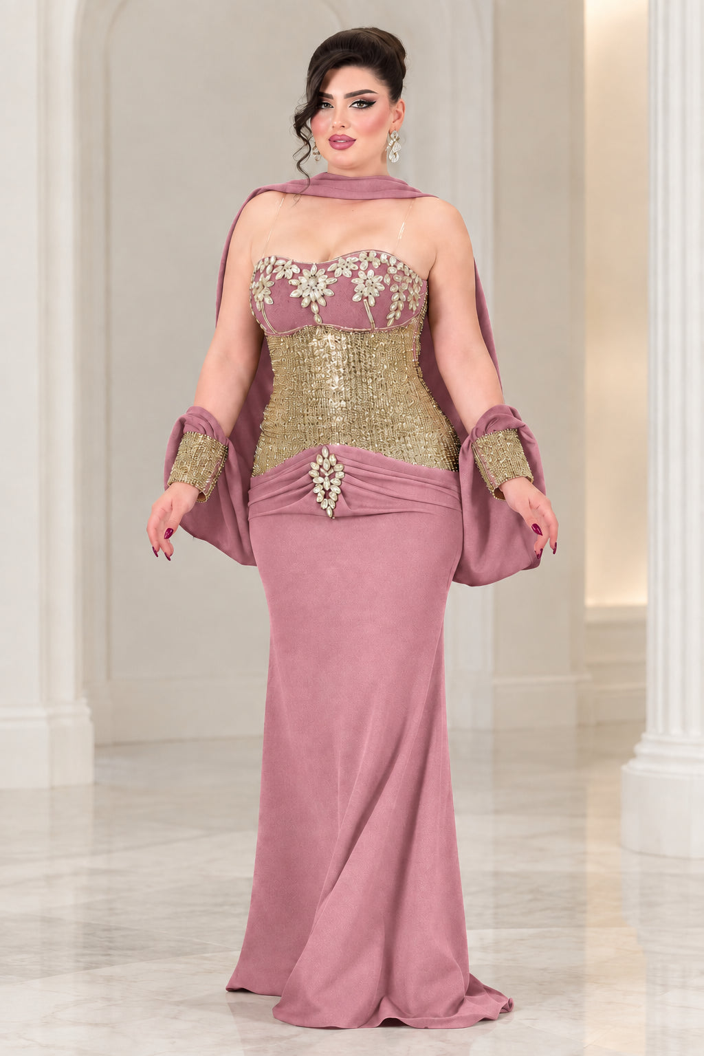 Dusty rose sequin corset mermaid evening dress with crystal details
