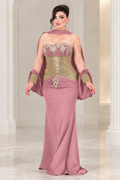 Dusty rose sequin corset mermaid evening dress with crystal details