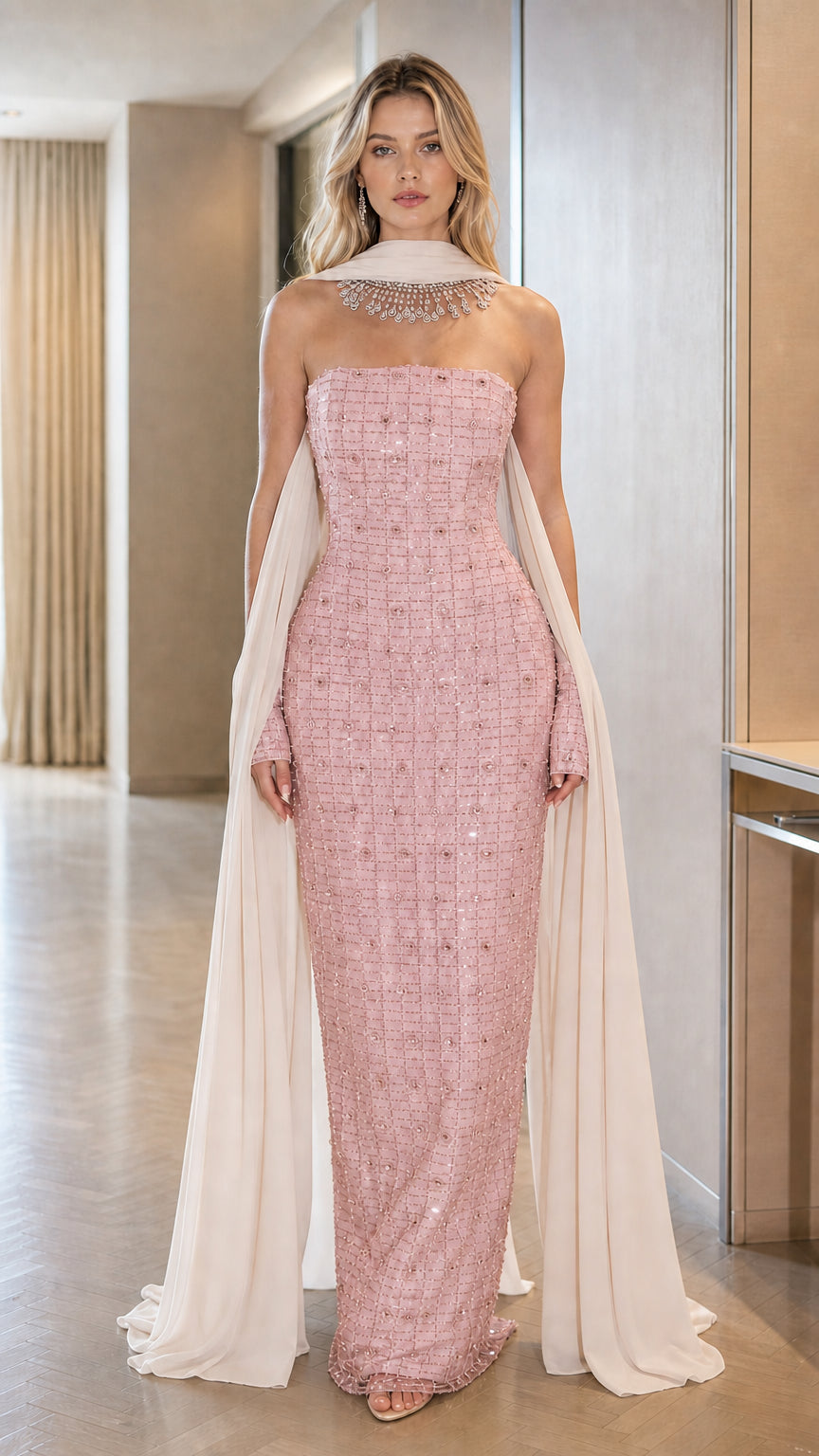 Front view of the Dusty Pink strapless beaded maxi gown with flowing chiffon cape