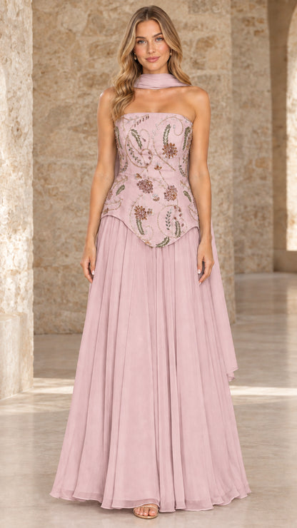 Front full view of dusty pink strapless chiffon evening gown with matching neck scarf