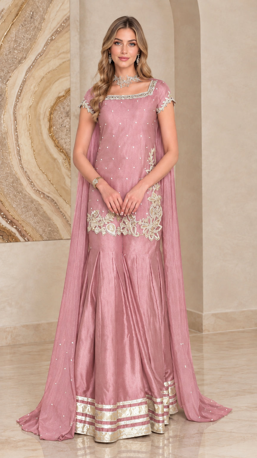 Dusty pink embroidered cape sharara suit set with metallic borders