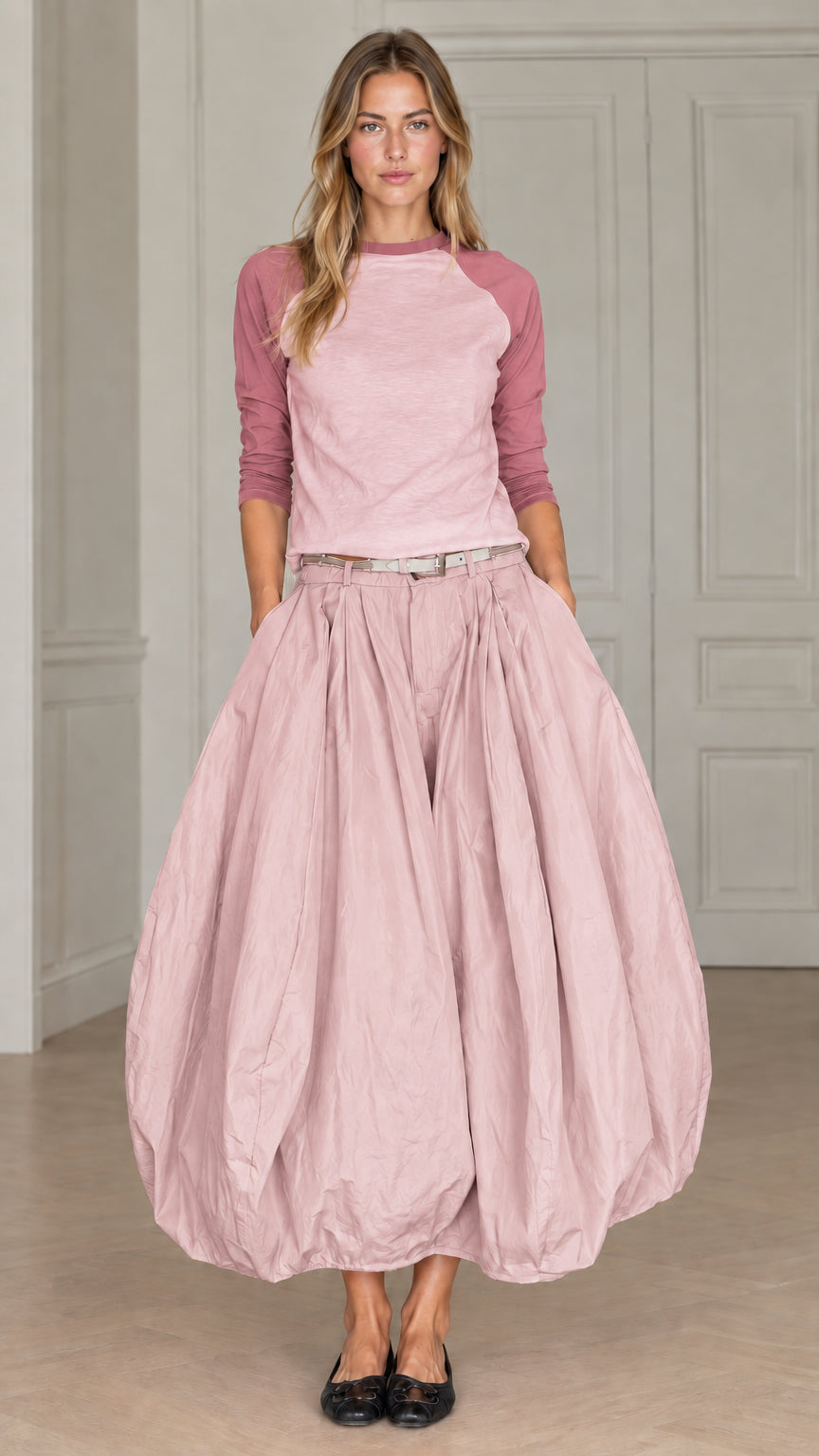 Full front view of women's two-piece raglan top and balloon maxi skirt set in dusty pink