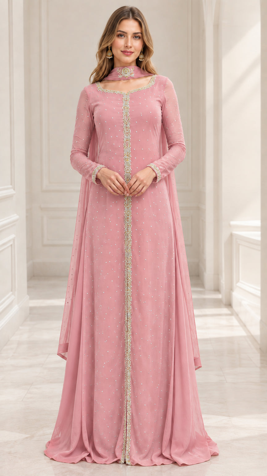 Model wearing dusty pink long sleeve beaded formal maxi dress