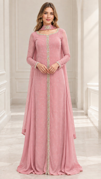 Model wearing dusty pink long sleeve beaded formal maxi dress
