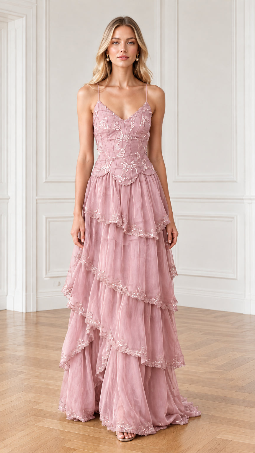 Full-length front view of dusty pink floral embroidered tiered gown