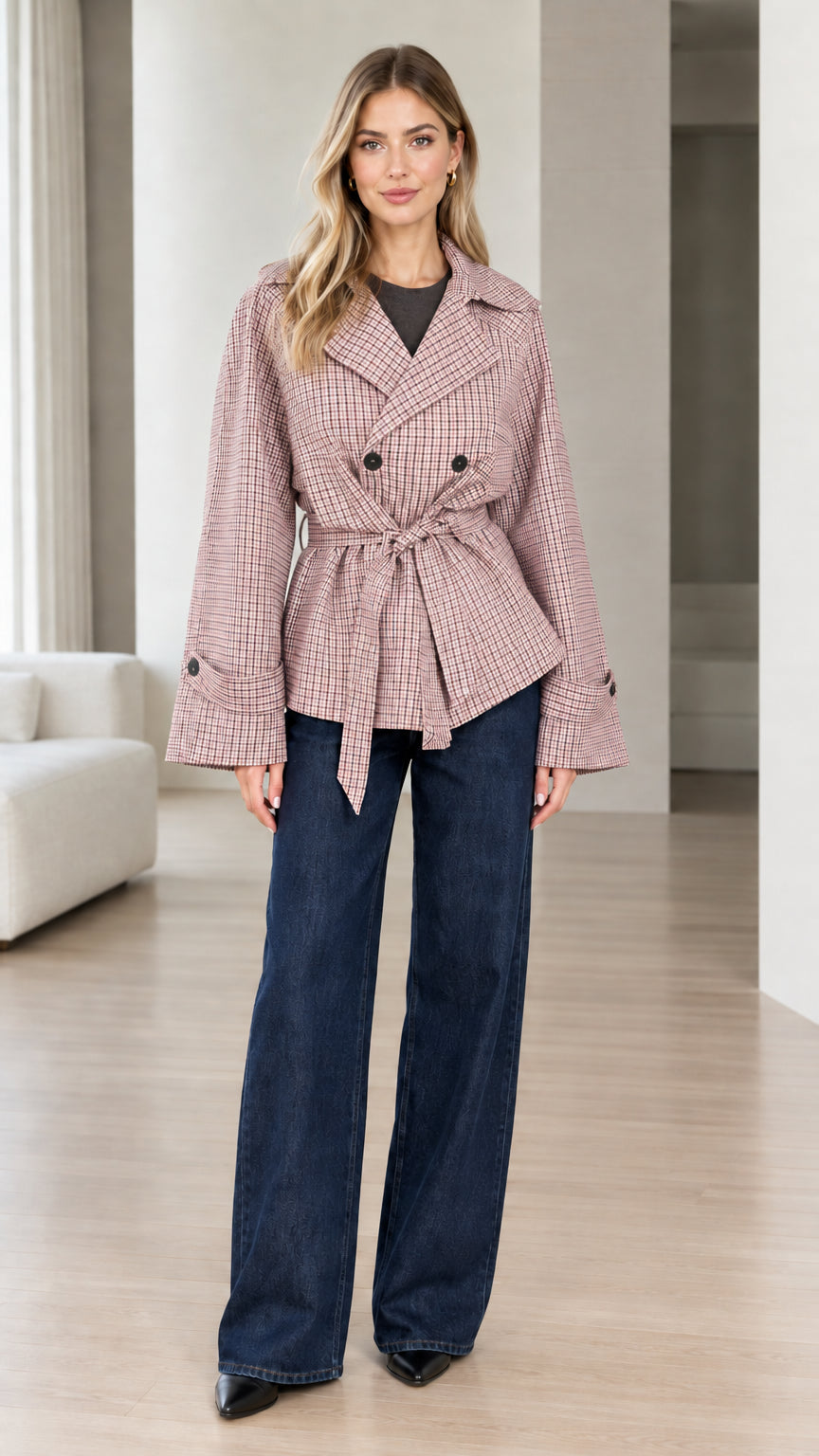 Model wearing dusty pink plaid belted jacket with dark denim trousers