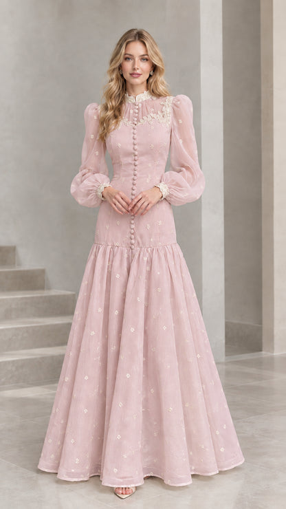 Full-length front view of Blush Pink embroidered lace evening gown