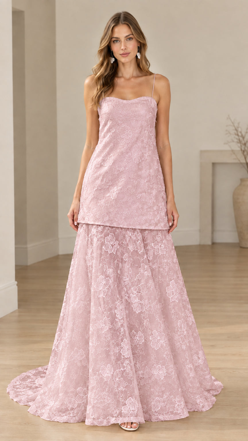 Front view of blush pink floral lace drop-waist evening dress