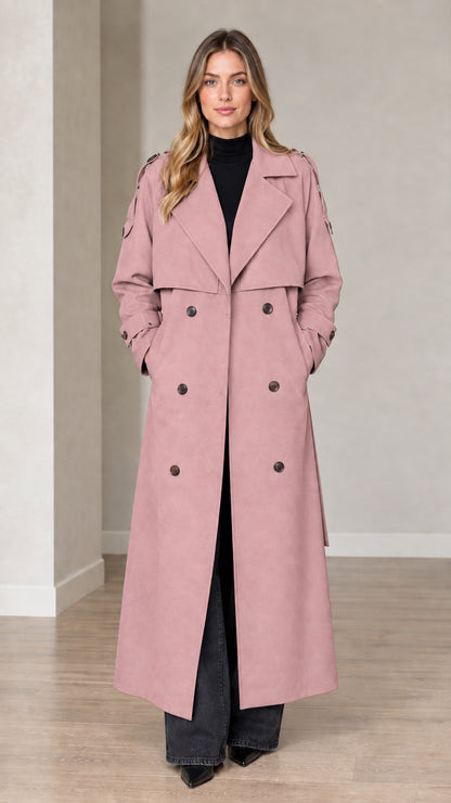 Front view of woman wearing dusty pink double-breasted long trench coat