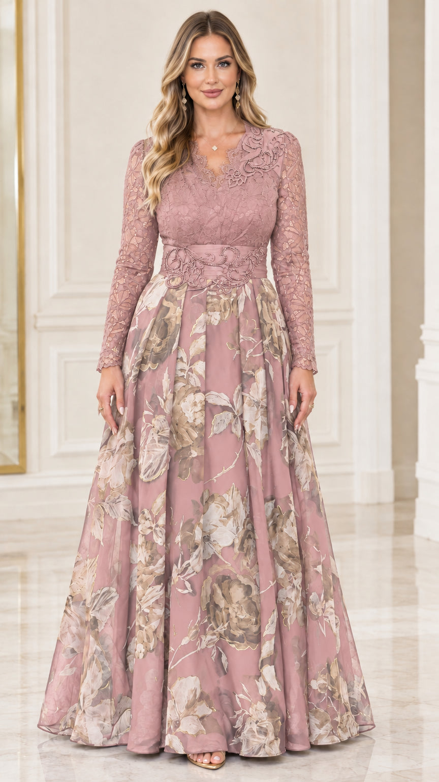Dusty rose pink long sleeve lace bodice floral formal maxi gown