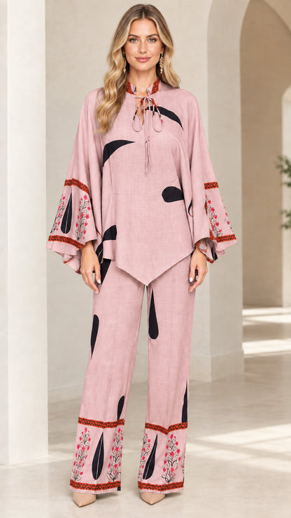 Front view of women's dusty pink printed tunic top and wide-leg pants set