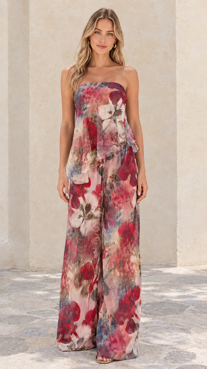 Front view of mauve pink floral strapless tiered wide-leg two-piece set
