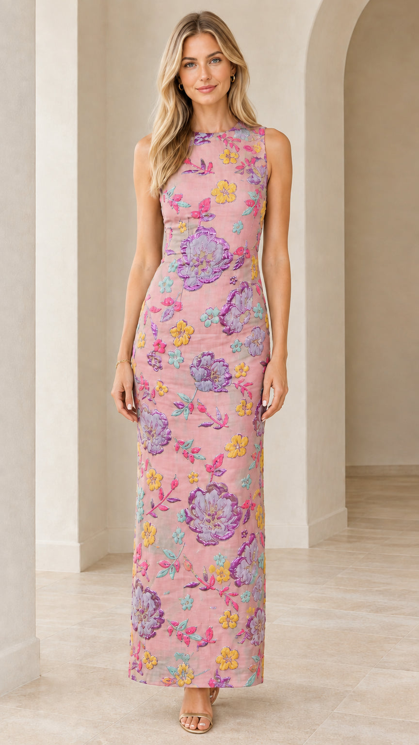 Front view of woman wearing blush pink floral embroidered sleeveless column maxi dress