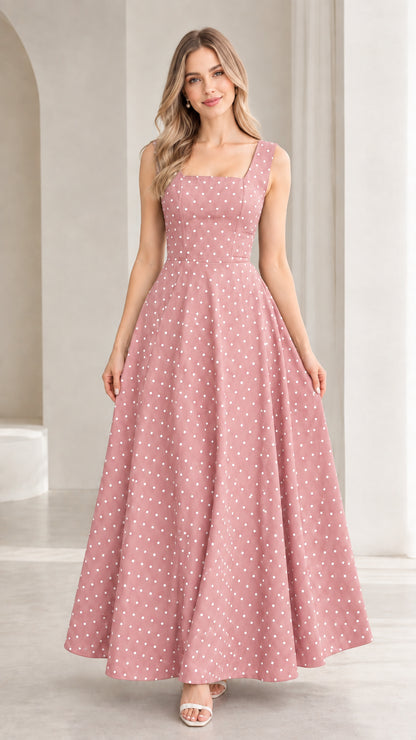 Model wearing dusty pink polka dot square neck sleeveless maxi dress