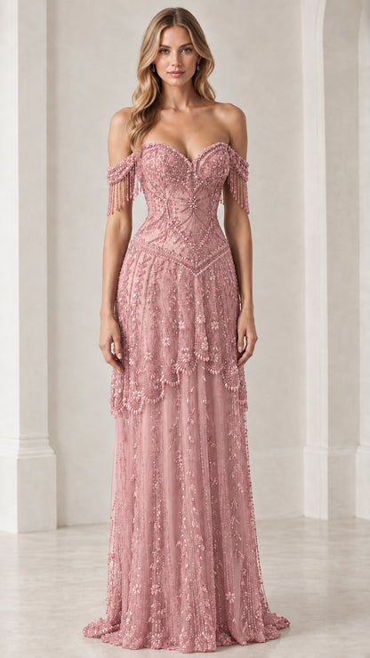 Front view of dusty pink off-shoulder beaded formal gown with fringe sleeves