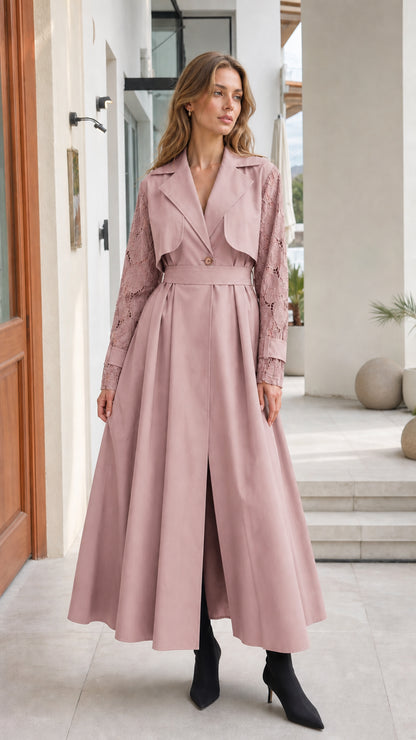 Front full view of woman wearing Dusty Pink lace-sleeve trench maxi coat dress