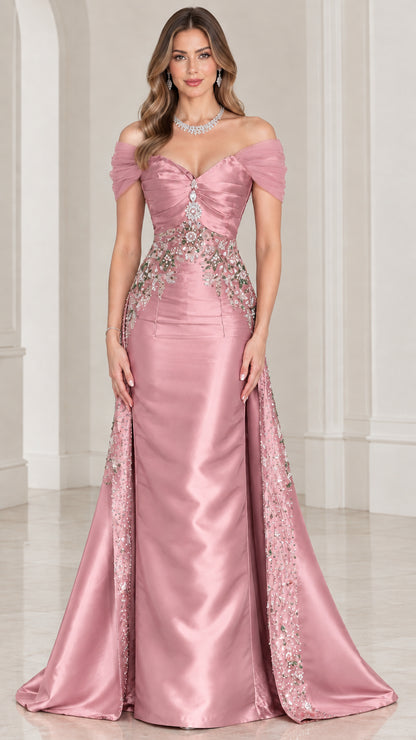 Front view of dusty rose satin formal gown with crystal waist detailing