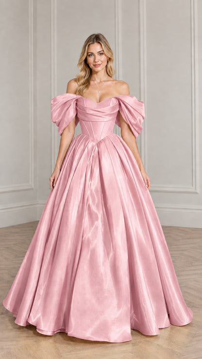 Model wearing soft pink off-the-shoulder satin formal gown