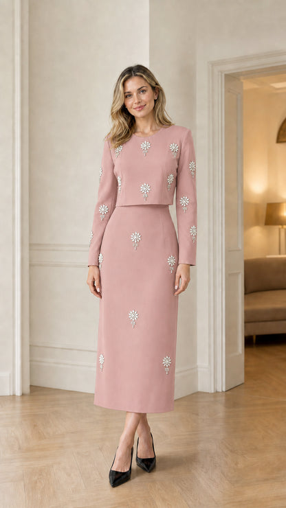 Dusty pink long sleeve embellished midi dress front view