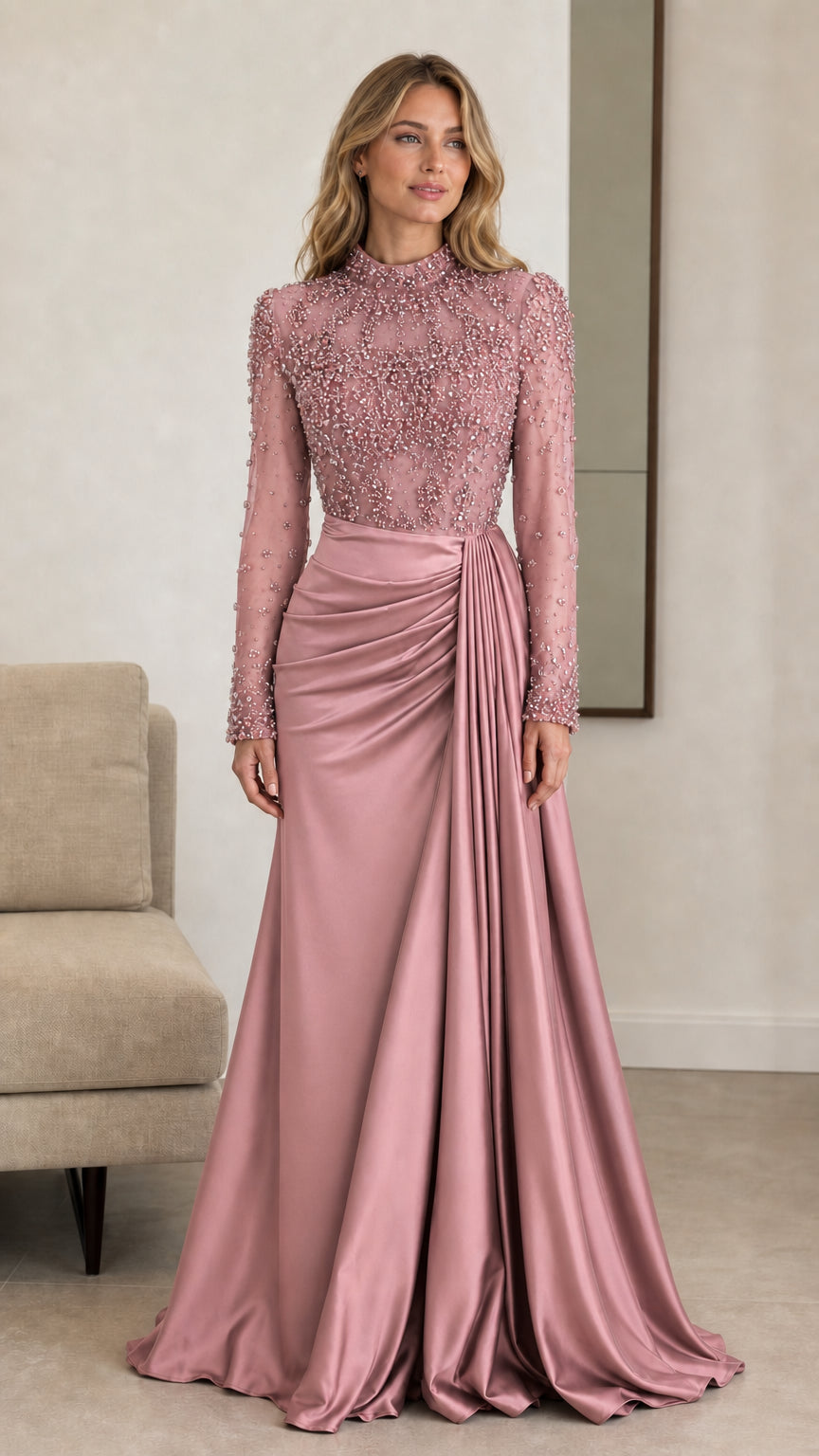 Front view of dusty rose long sleeve beaded mock neck evening gown