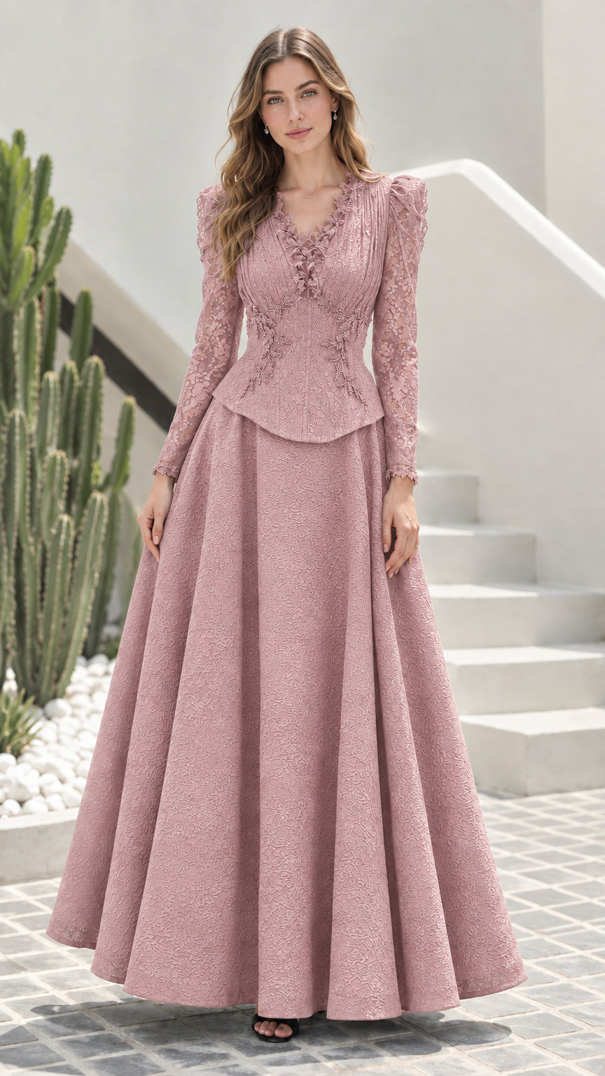Dusty pink long sleeve lace peplum maxi evening gown