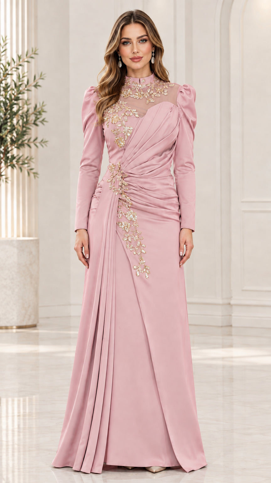 Dusty pink long sleeve evening maxi dress with gold embroidered illusion neckline