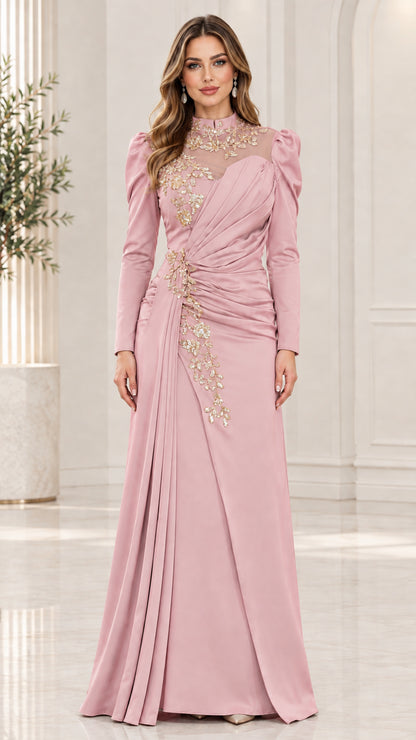 Dusty pink long sleeve evening maxi dress with gold embroidered illusion neckline