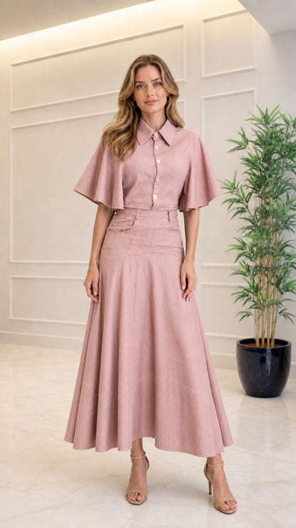 Full-length view of dusty pink collared flutter sleeve A-line maxi dress