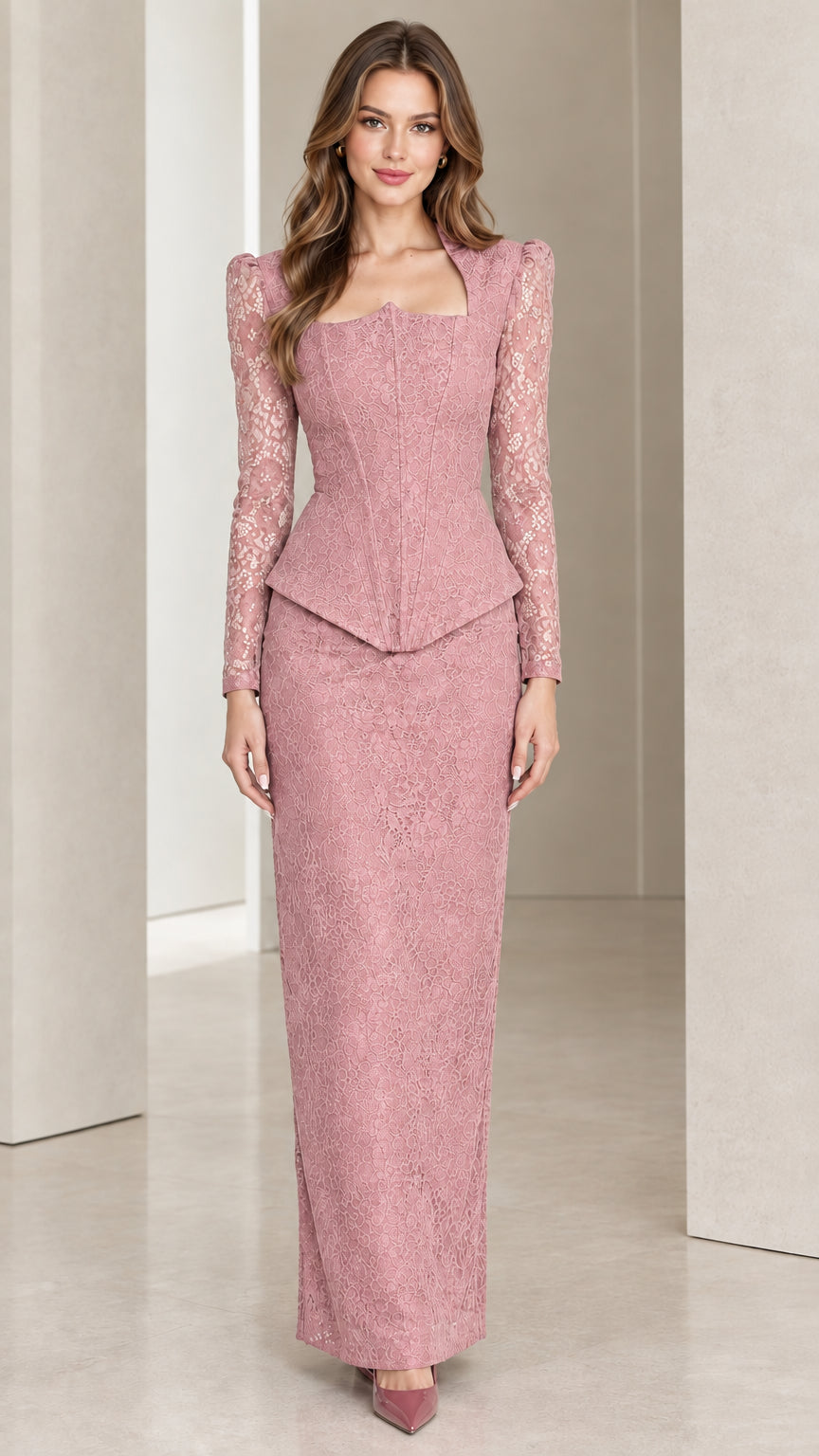 Front view of model wearing dusty pink lace peplum maxi dress set